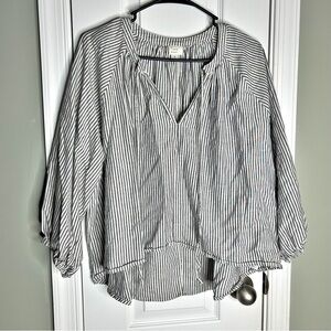 a new day Gray and White Striped Linen Blend Peasant Blouse Top Balloon Sleeves